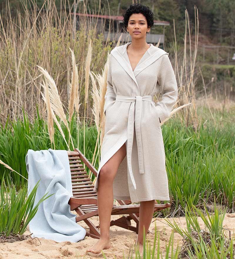 Women’s Beige Turkish Cotton Waffle Hooded Robe