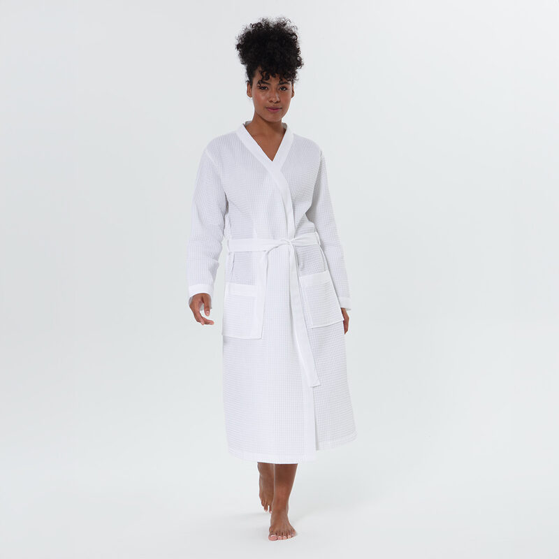 Women’s White Lightweight Waffle Spa Robe with Shawl Collar