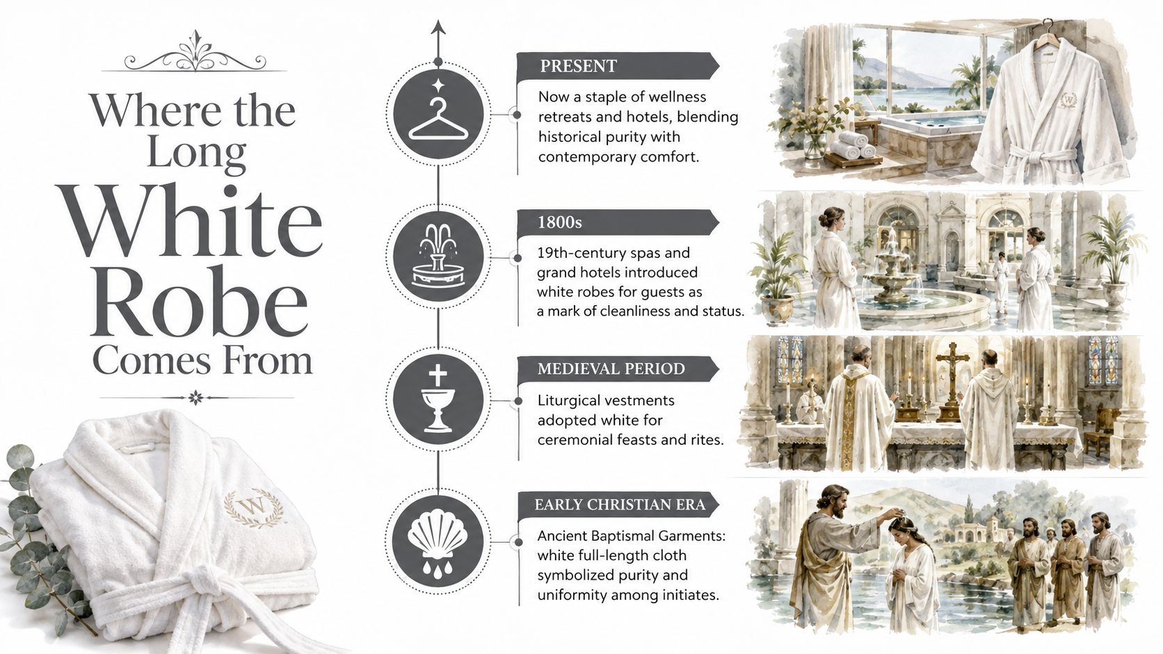 An infographic detailing the historical evolution of the long white robe from ancient baptismal garments to modern hotel apparel.