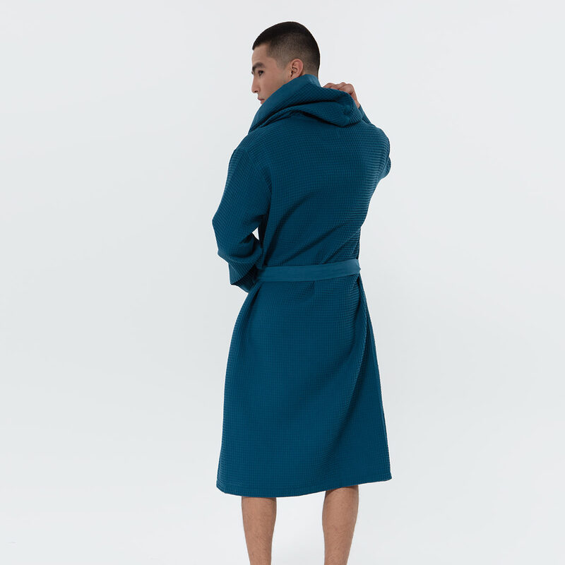 Men's Deep Aqua Blue Hooded Turkish Cotton Waffle Robe