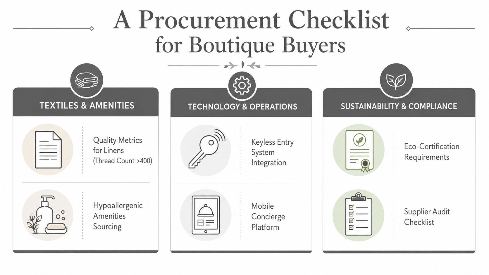 A procurement checklist infographic for boutique hotel buyers covering textiles, technology, and sustainability standards.
