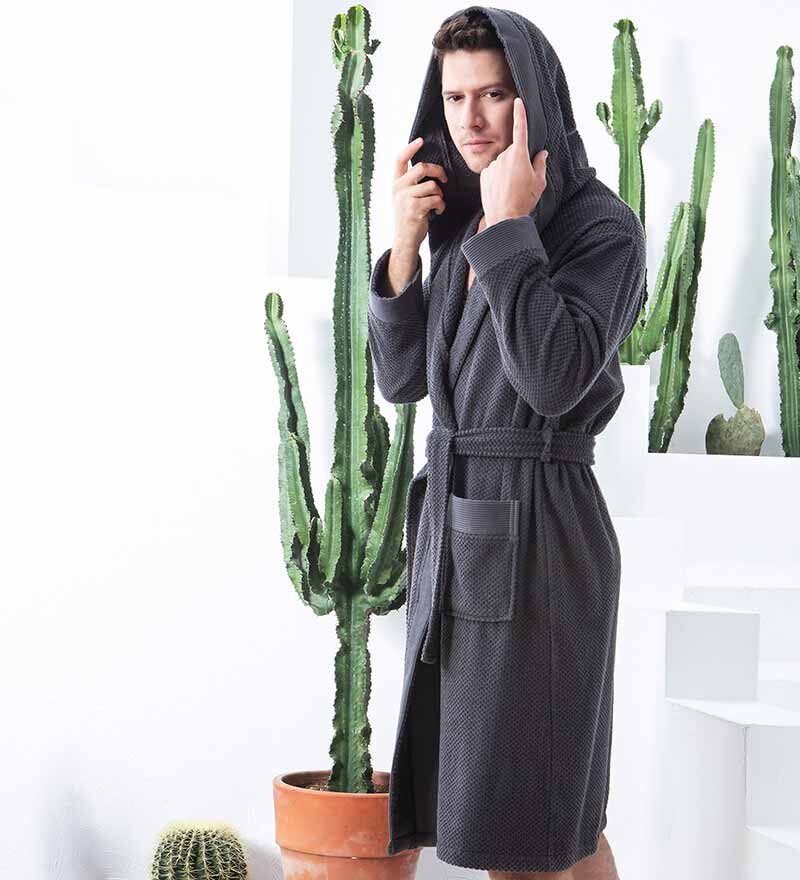 Men's Charcoal Luxury Turkish Cotton Terry Cloth Robe with Hood