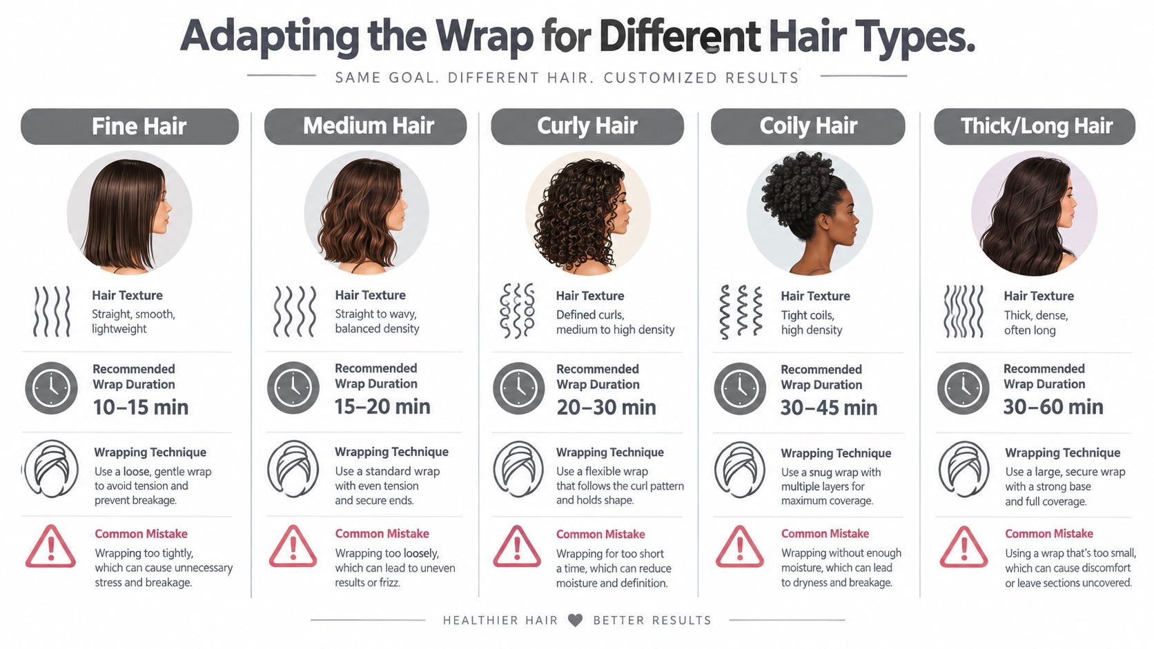A helpful infographic guide on how to adapt hair wrap techniques and durations for different hair types.