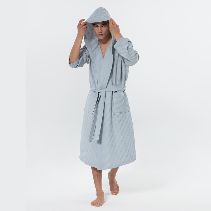 Men's Blue Gray Hooded Turkish Cotton Waffle Robe