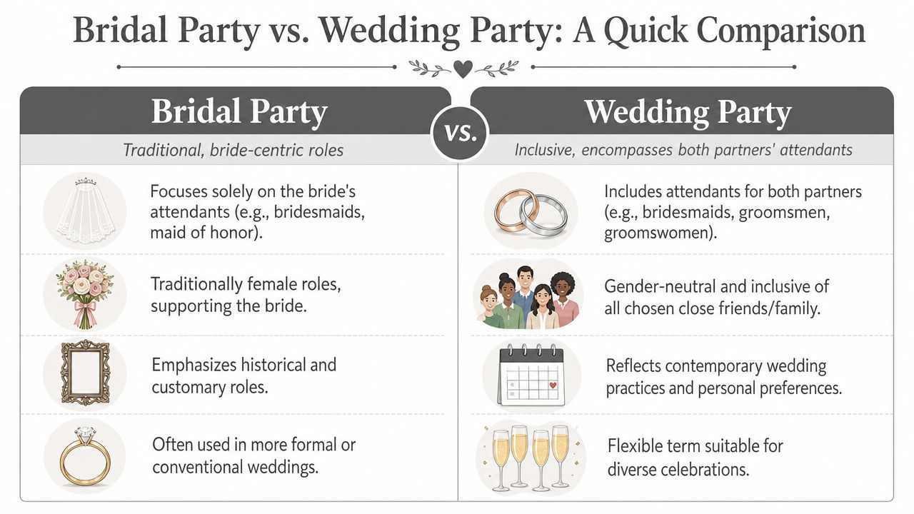 A comparison chart showing the differences between traditional bridal parties and modern, inclusive wedding parties.