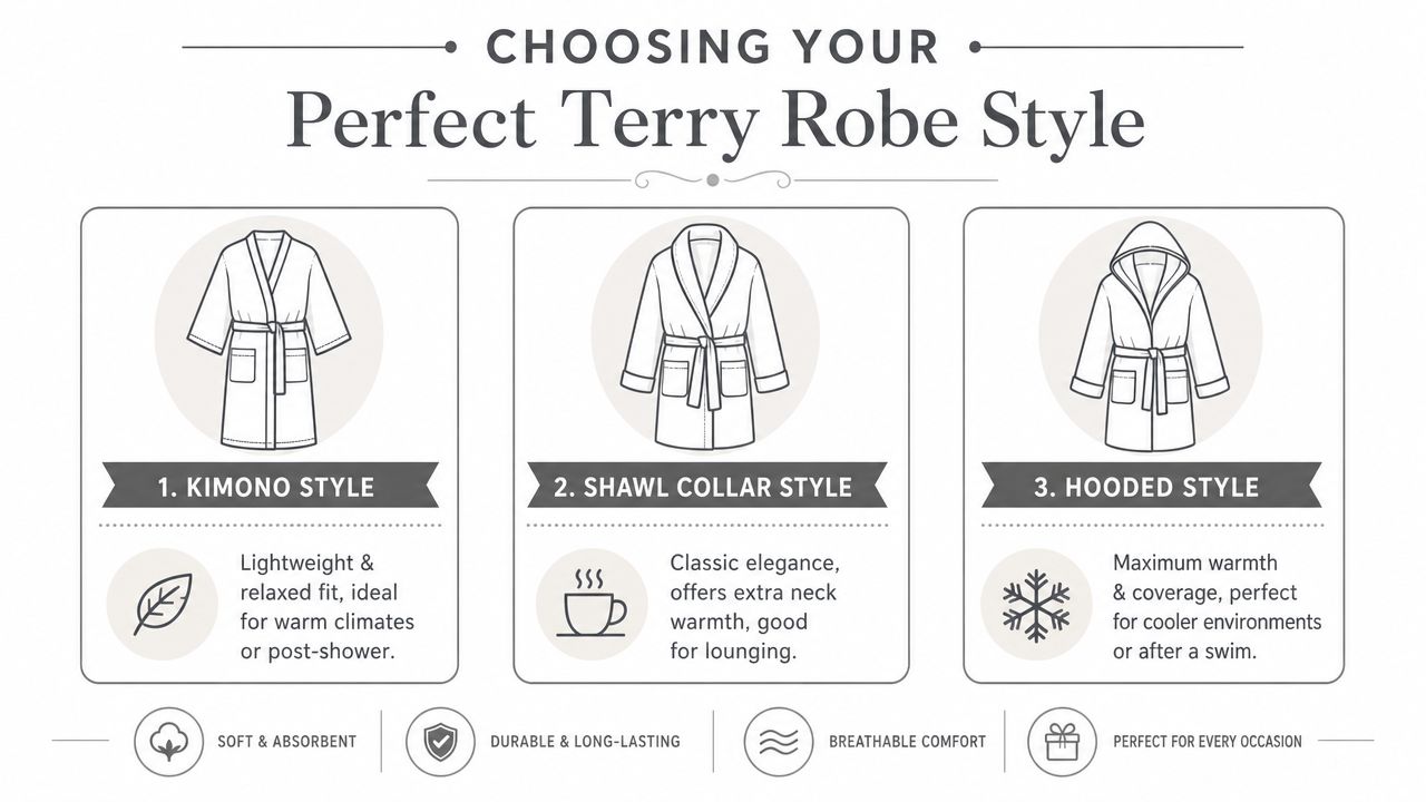 A guide illustrating three styles of terry cloth robes: kimono, shawl collar, and hooded for different uses.