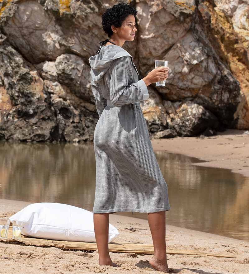 Women’s Gray Turkish Cotton Waffle Hooded Robe