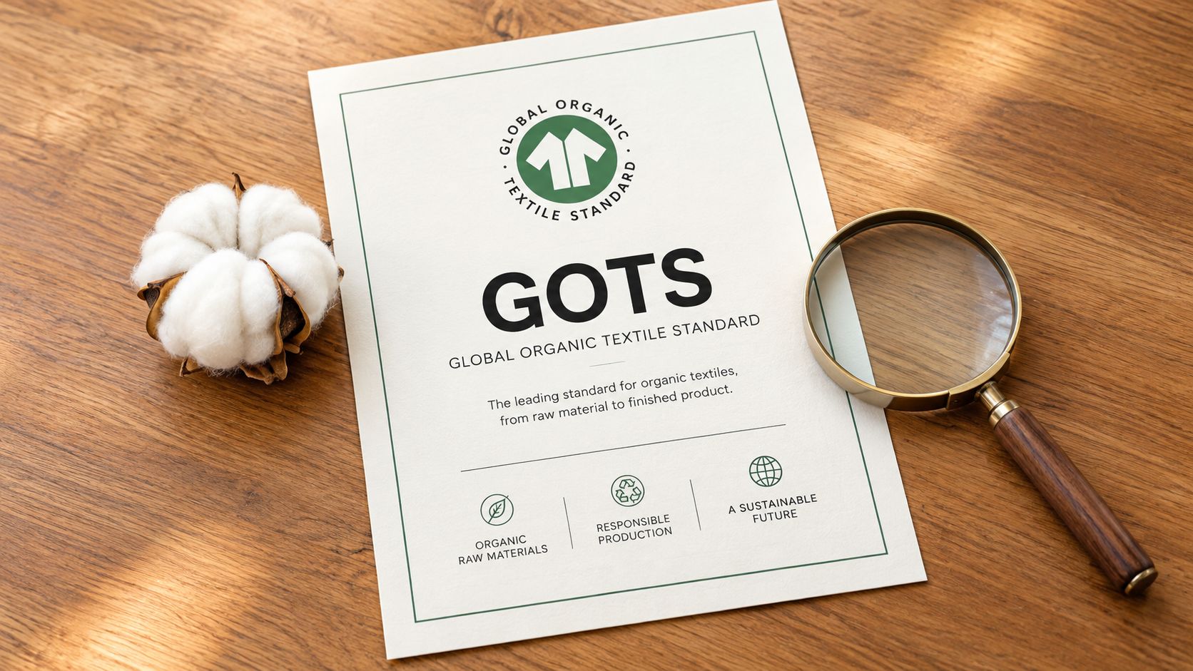 A document featuring the Global Organic Textile Standard (GOTS) logo, with a cotton boll and magnifying glass.