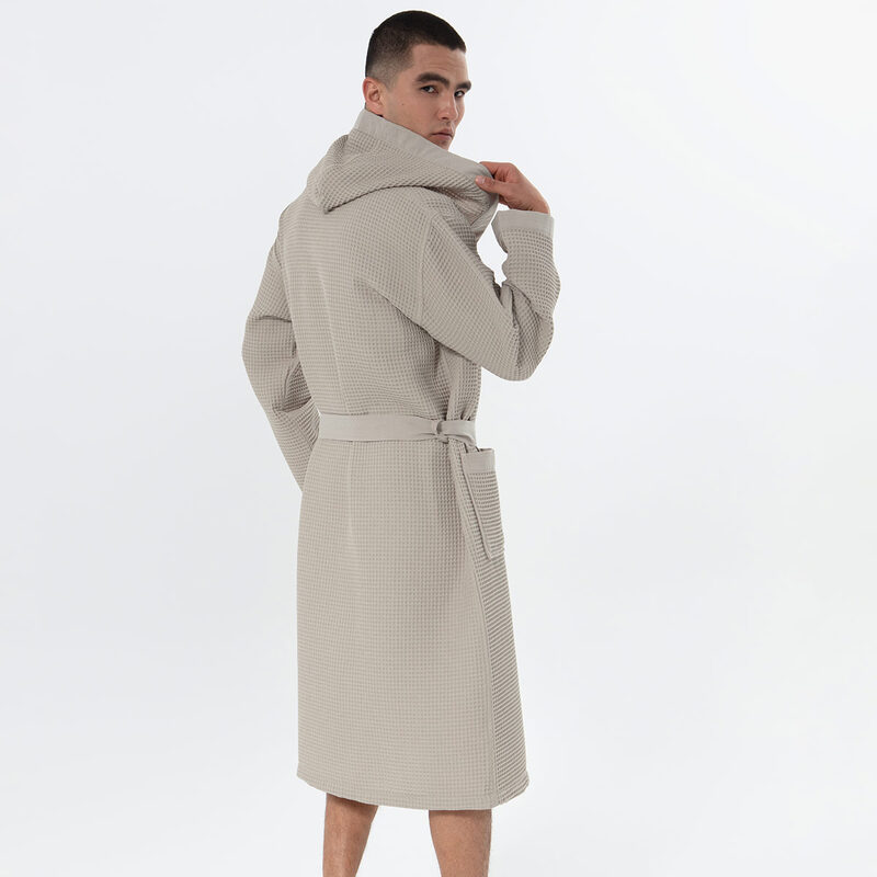 Men's Stone Beige Hooded Turkish Cotton Waffle Robe