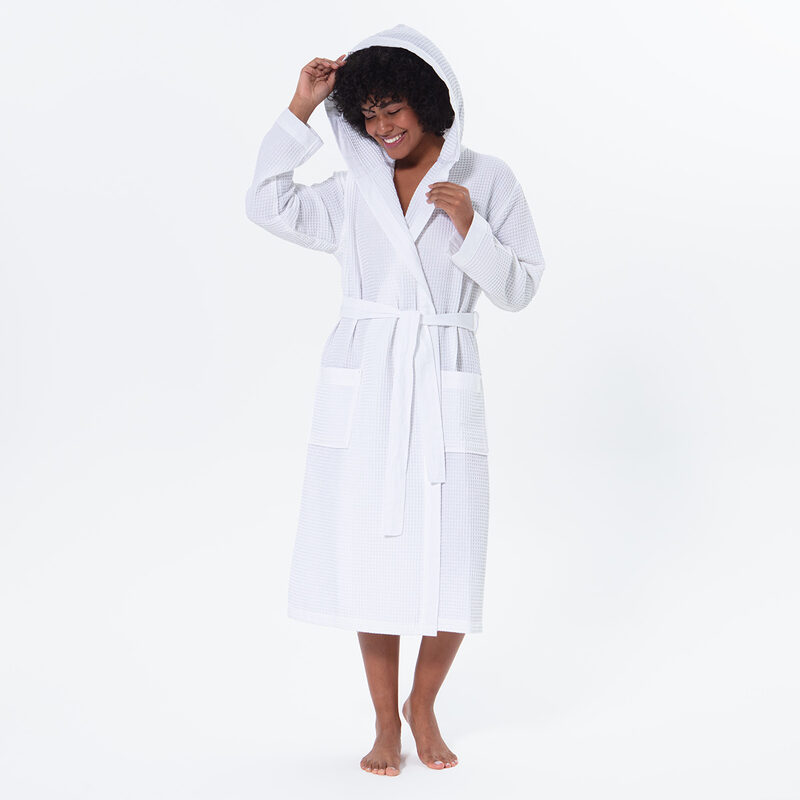 Women’s White Turkish Cotton Waffle Hooded Robe