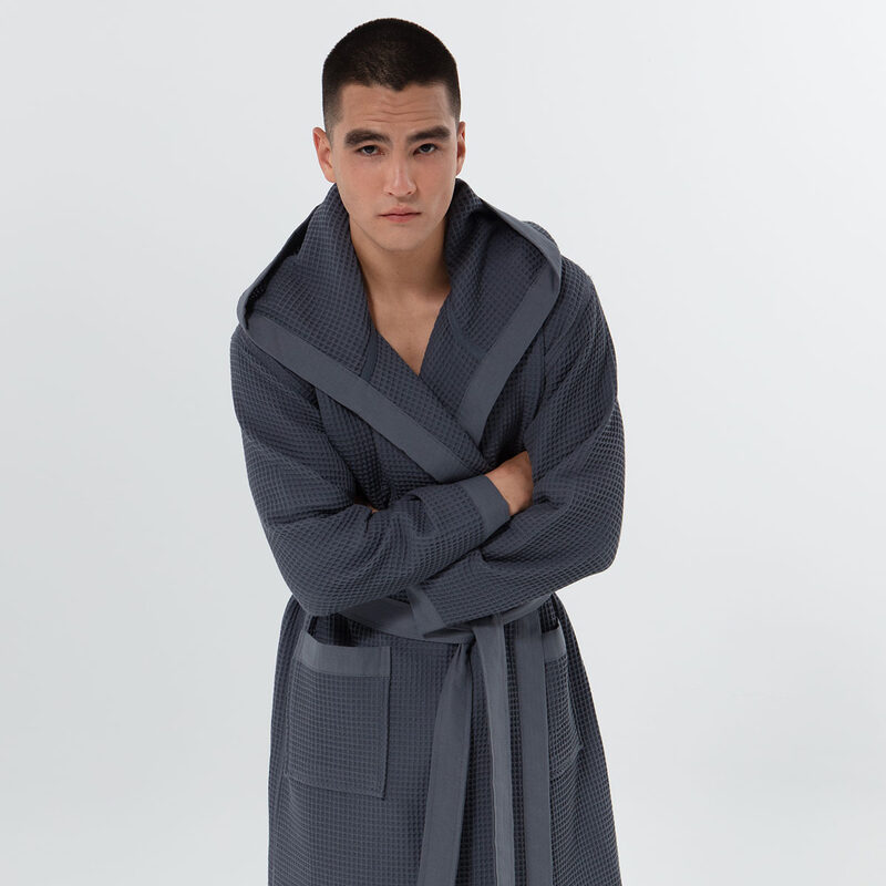 Men's Charcoal Hooded Turkish Cotton Waffle Robe