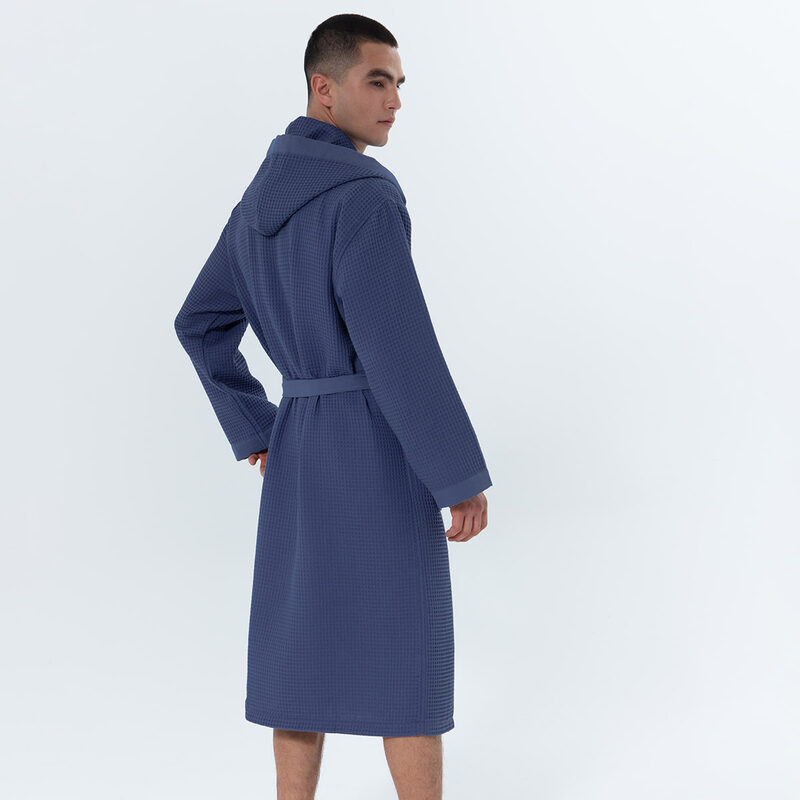Men's Lavender Blue Hooded Turkish Cotton Waffle Robe