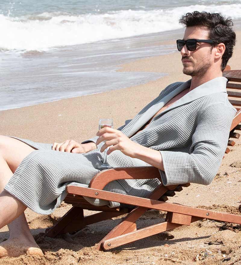 Men's Gray Lightweight Waffle Spa Robe with Shawl Collar