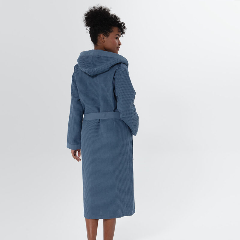 Women’s Indigo Blue Turkish Cotton Waffle Hooded Robe