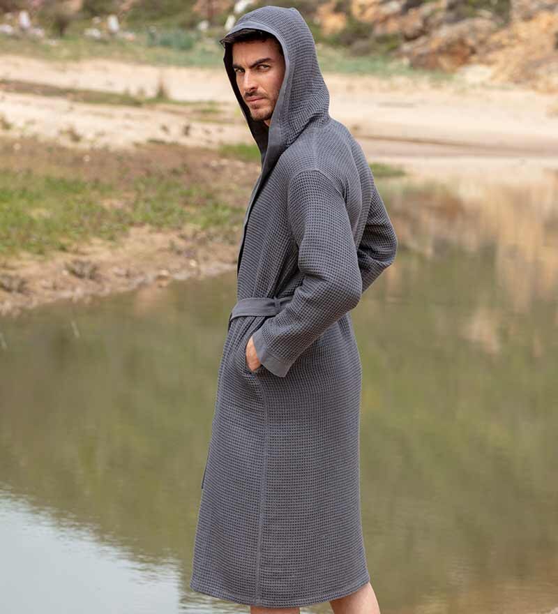 Men's Charcoal Hooded Turkish Cotton Waffle Robe - Clearance Sale