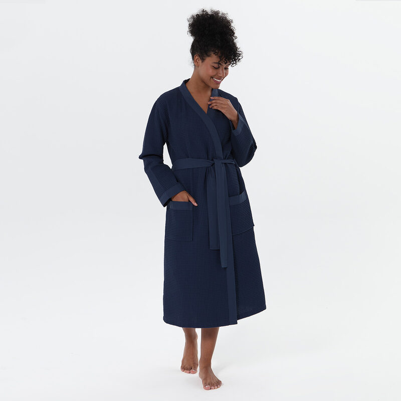 Women’s Navy Lightweight Kimono Waffle Spa Robe