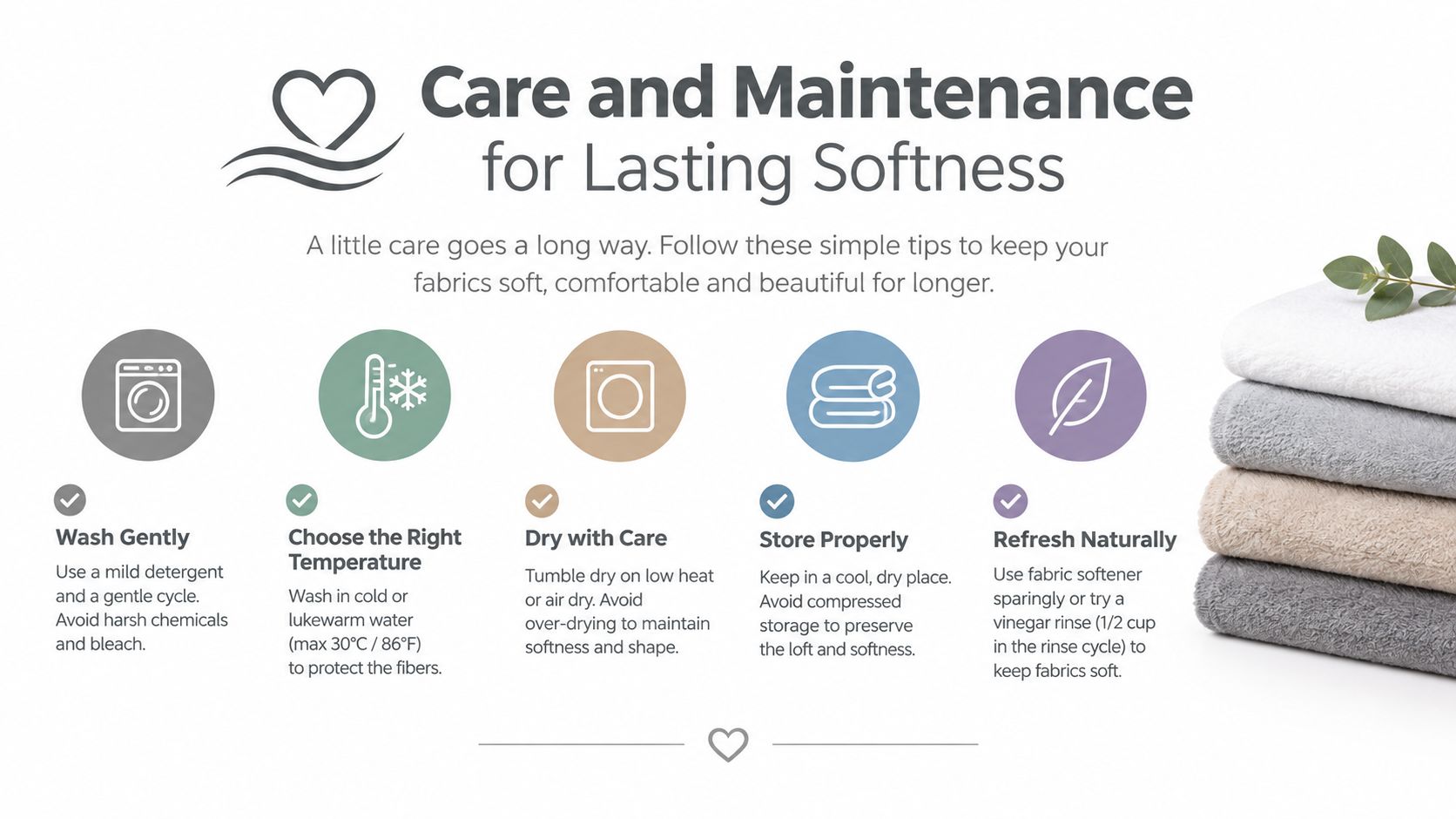 A care and maintenance infographic for fabrics showing five tips for washing, drying, and storing soft towels.