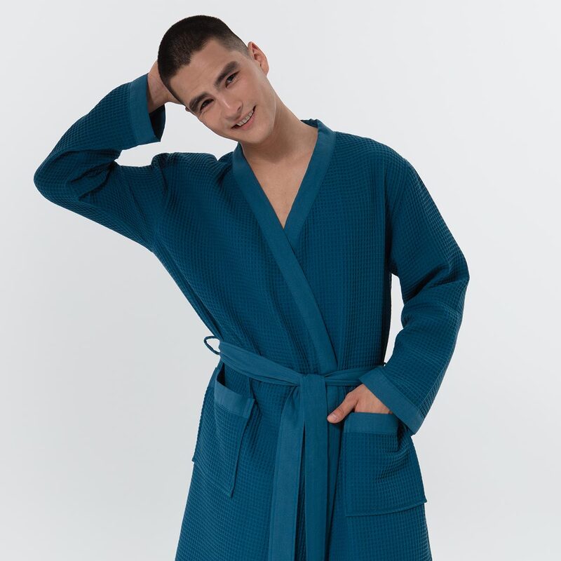 Men's Deep Aqua Blue Lightweight Kimono Waffle Spa Robe