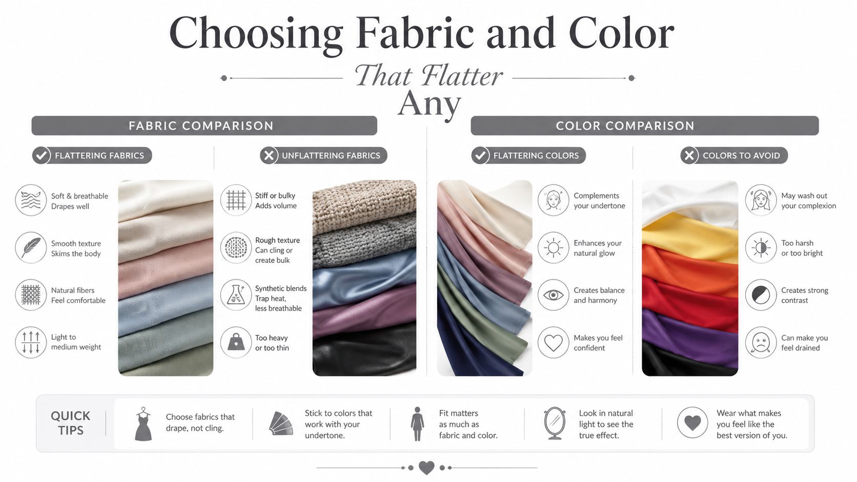 A fashion infographic explaining how to select flattering fabrics and colors for clothing and apparel.