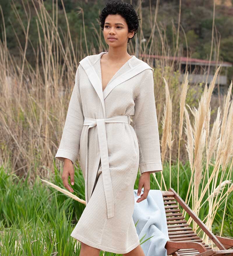 Women’s Beige Turkish Cotton Waffle Hooded Robe