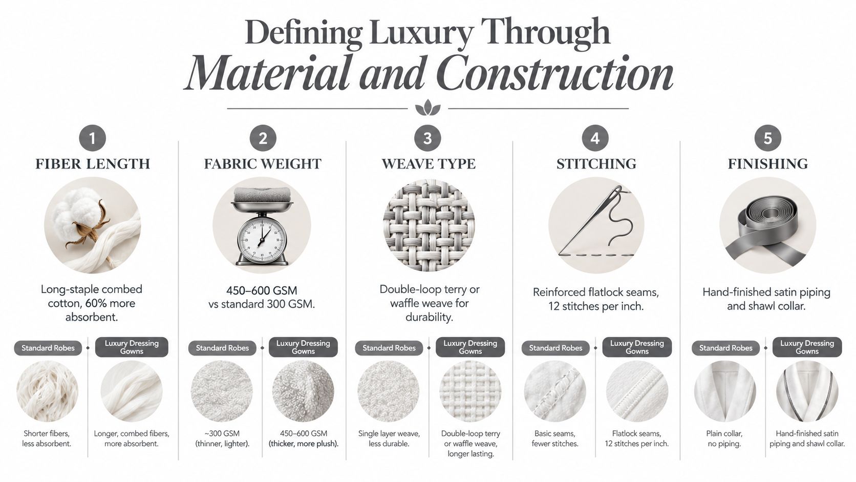 An infographic detailing five key factors that define luxury in dressing gowns, including materials and construction.
