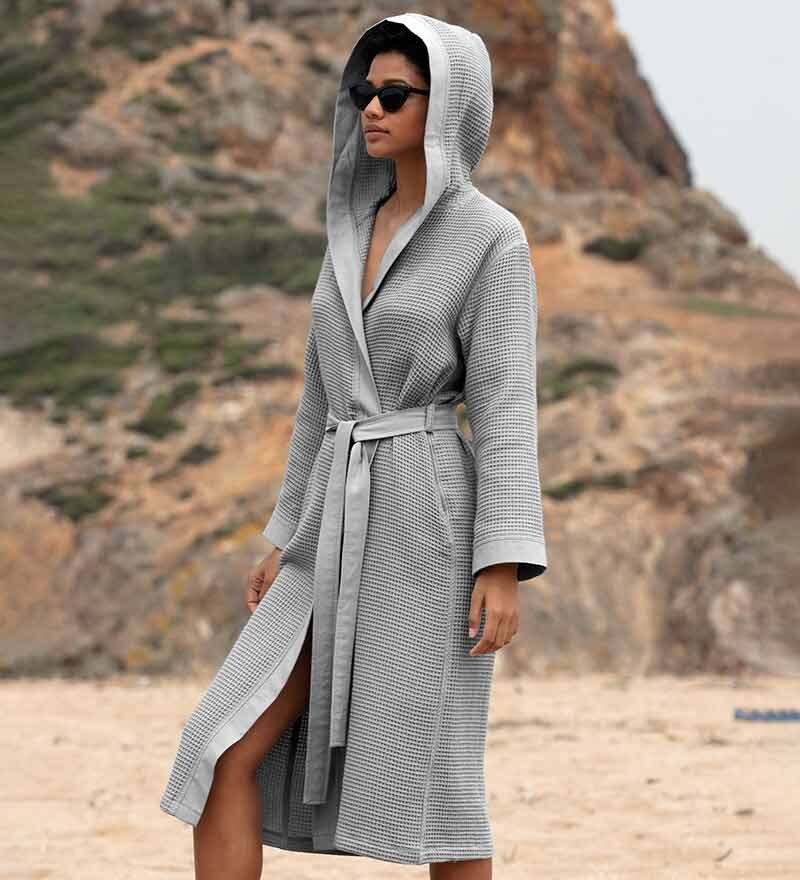 Women’s Gray Turkish Cotton Waffle Hooded Robe