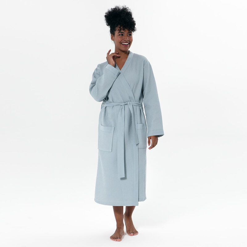 Women’s Blue Gray Lightweight Kimono Waffle Spa Robe