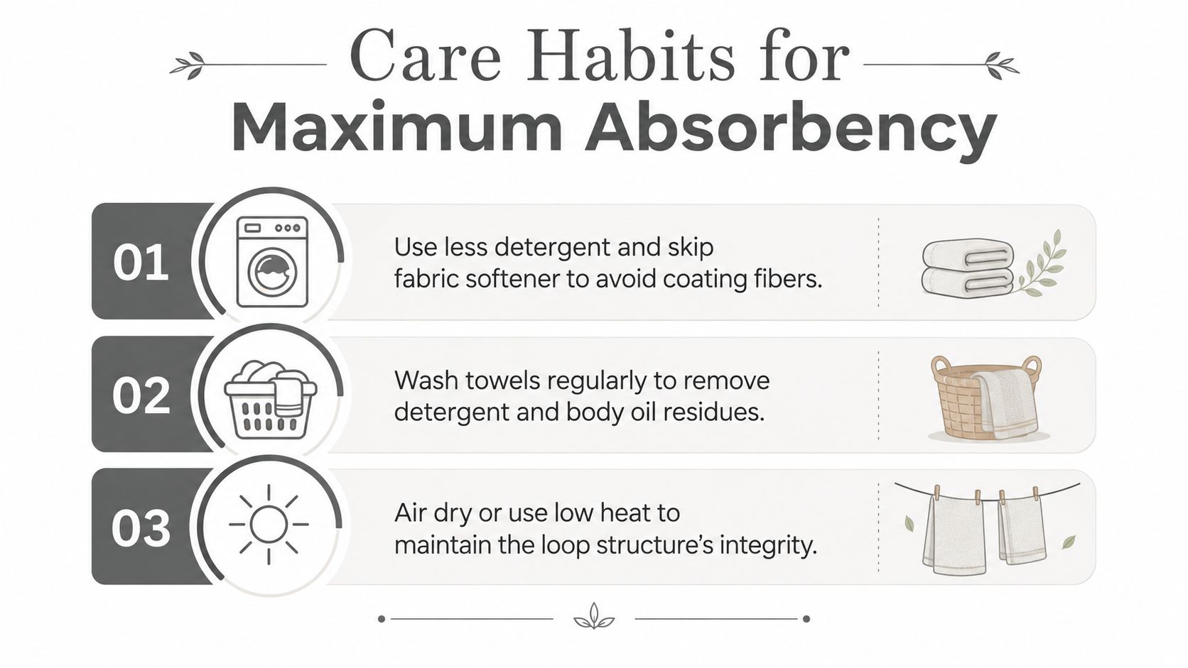 A three-step infographic on how to maintain the maximum absorbency of bath towels using proper washing and drying techniques.