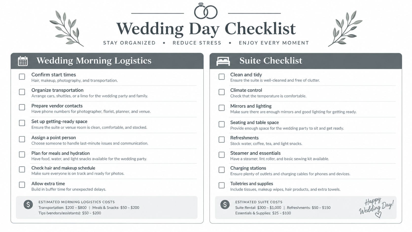 A wedding day checklist including morning logistics and suite preparation tasks with associated estimated costs for planning.