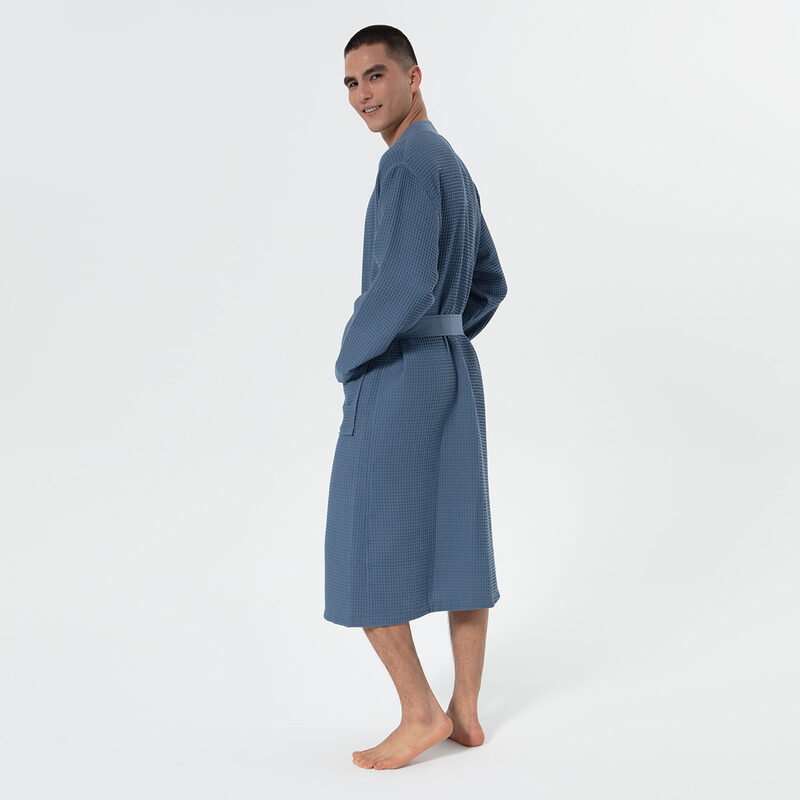 Men’s Indigo Blue Lightweight Kimono Waffle Spa Robe