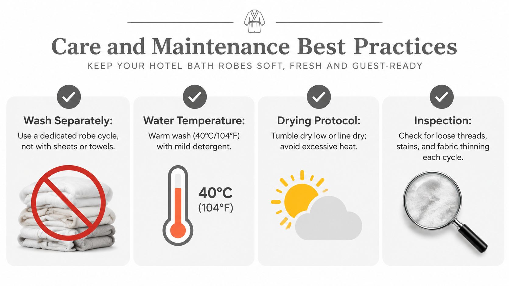 An infographic titled Care and Maintenance Best Practices for cleaning hotel bath robes with four steps.