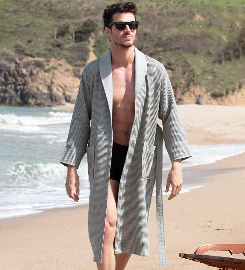 Men's Gray Lightweight Waffle Spa Robe with Shawl Collar