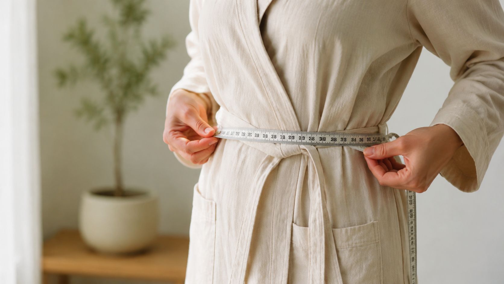A person wearing a beige cotton robe measures their waist with a flexible measuring tape at home.