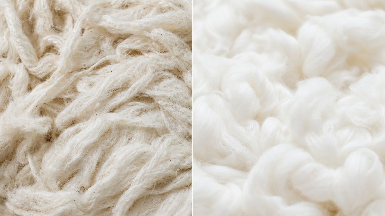A split screen close-up comparing natural raw organic cotton fibers with processed soft white cotton material.