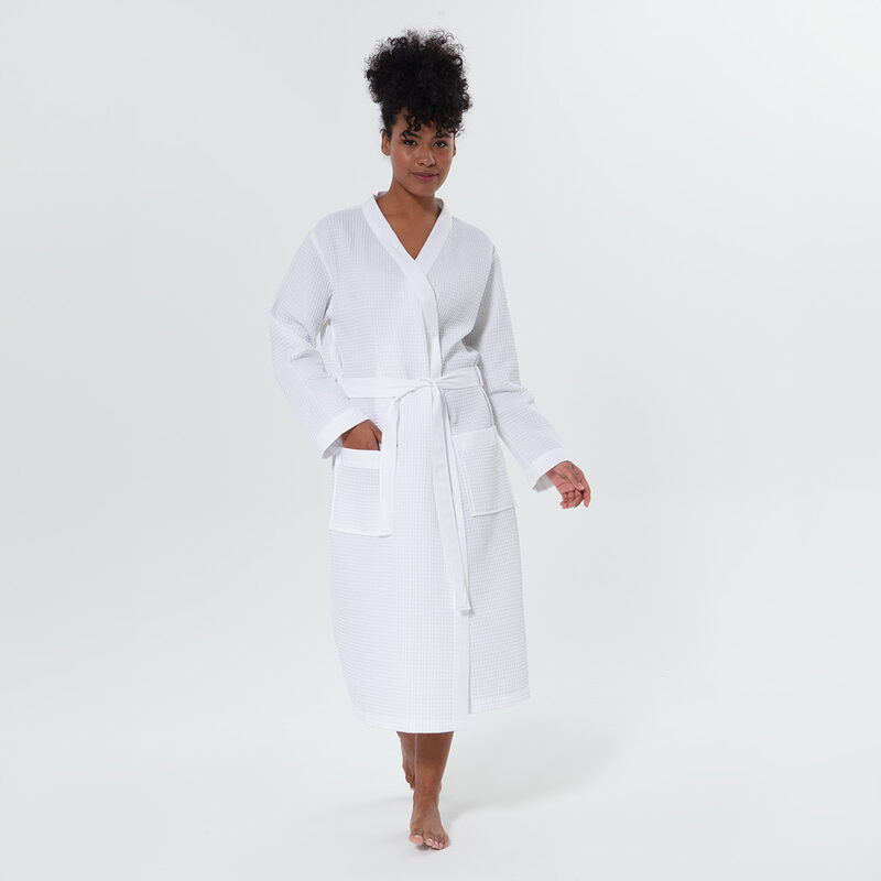 Women’s White Lightweight Waffle Spa Robe with Shawl Collar