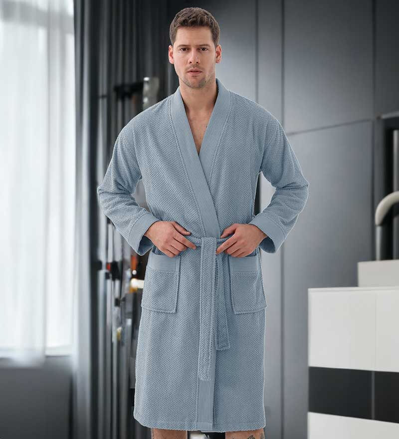 Men's Blue Gray Organic Turkish Terry Cloth Kimono Bathrobe