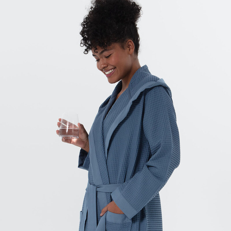 Women’s Indigo Blue Turkish Cotton Waffle Hooded Robe