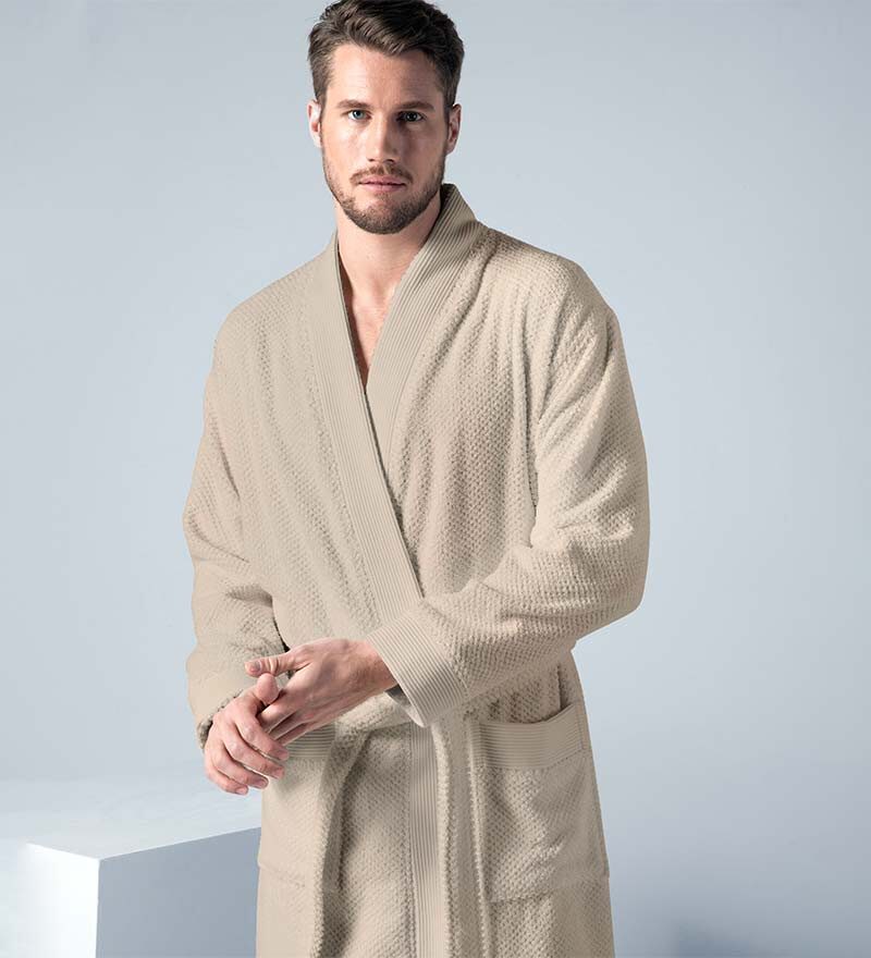 Men's Beige Terry Cloth Kimono Robe - Clearance