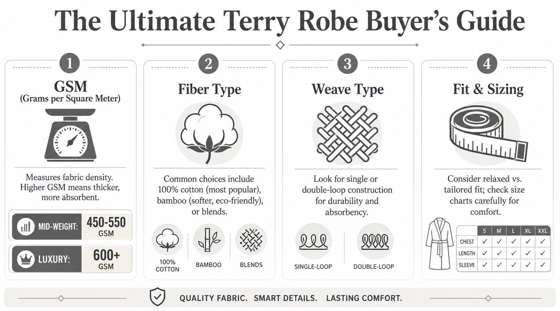 An infographic titled The Ultimate Terry Robe Buyer's Guide explaining key features like GSM, fiber, weave, and sizing.