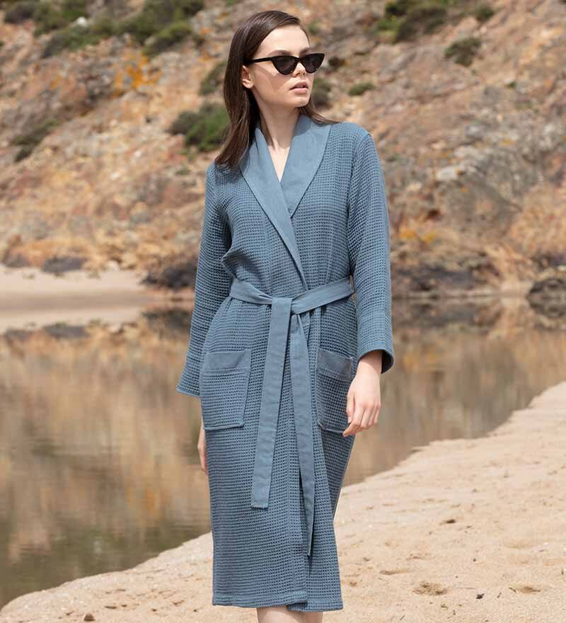 Women’s Indigo Blue Lightweight Waffle Spa Robe with Shawl Collar
