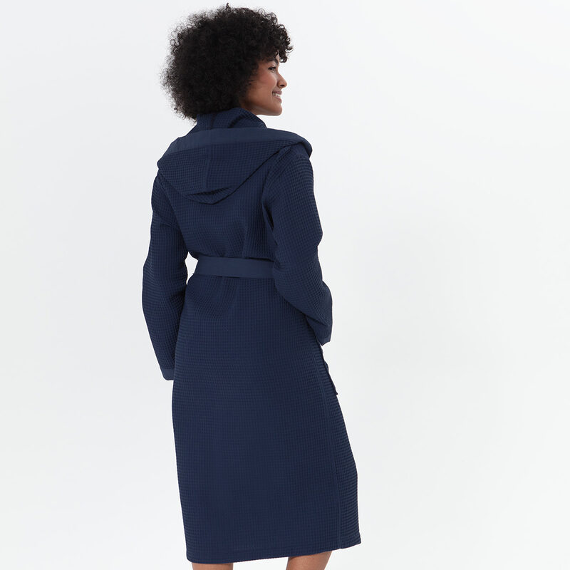 Women’s Navy Turkish Cotton Waffle Hooded Robe
