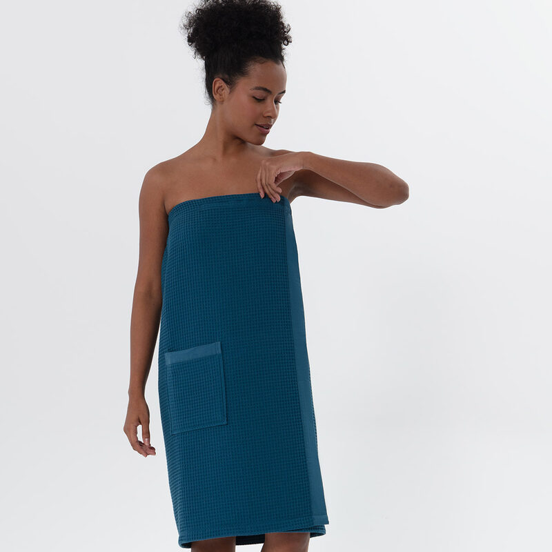 Women’s Deep Aqua Blue Organic Turkish Cotton Waffle Towel Wrap