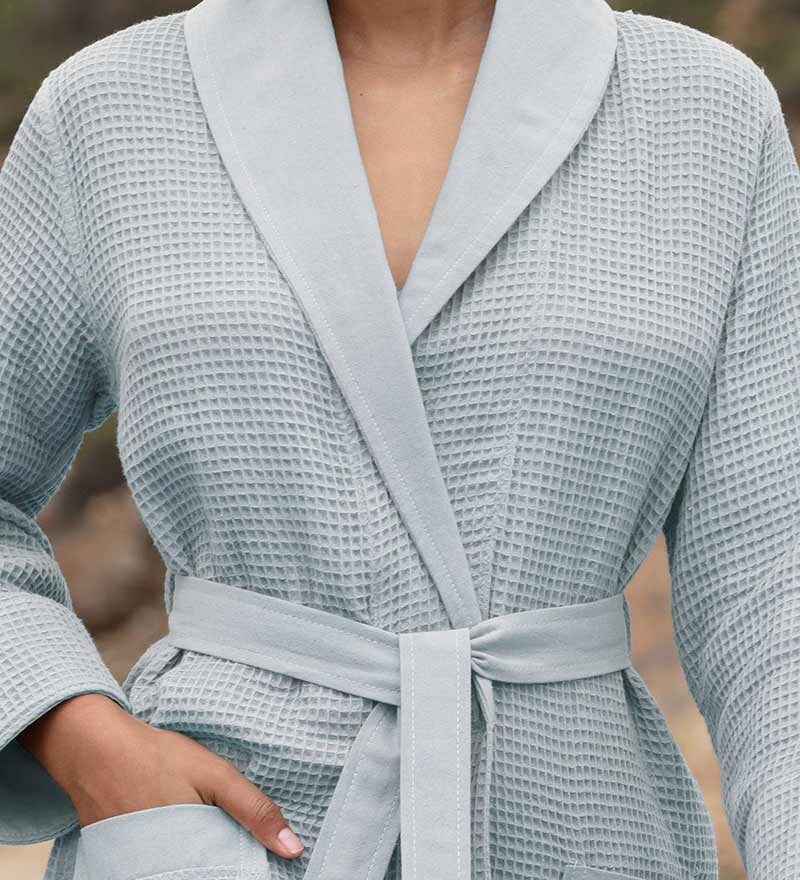 Women’s Blue Gray Lightweight Waffle Spa Robe with Shawl Collar