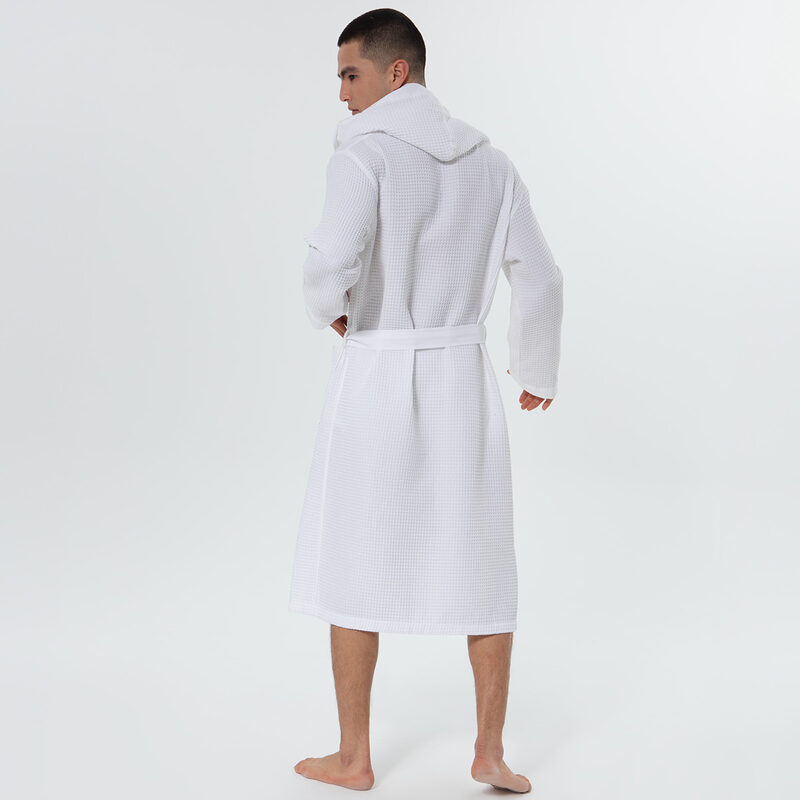 Men's White Hooded Turkish Cotton Waffle Robe