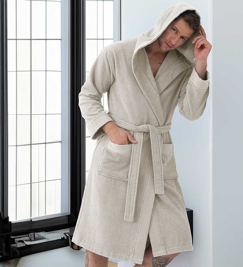 Men's Stone Beige Luxury Turkish Cotton Terry Cloth Robe with Hood