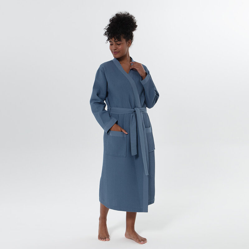 Women’s Indigo Blue Lightweight Kimono Waffle Spa Robe