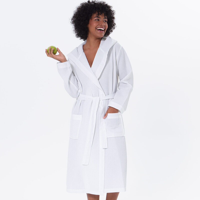Women’s White Turkish Cotton Waffle Hooded Robe