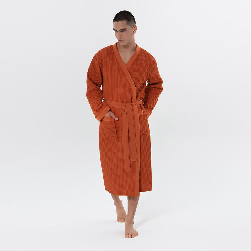 Men's Terra Cotta Lightweight Kimono Waffle Spa Robe