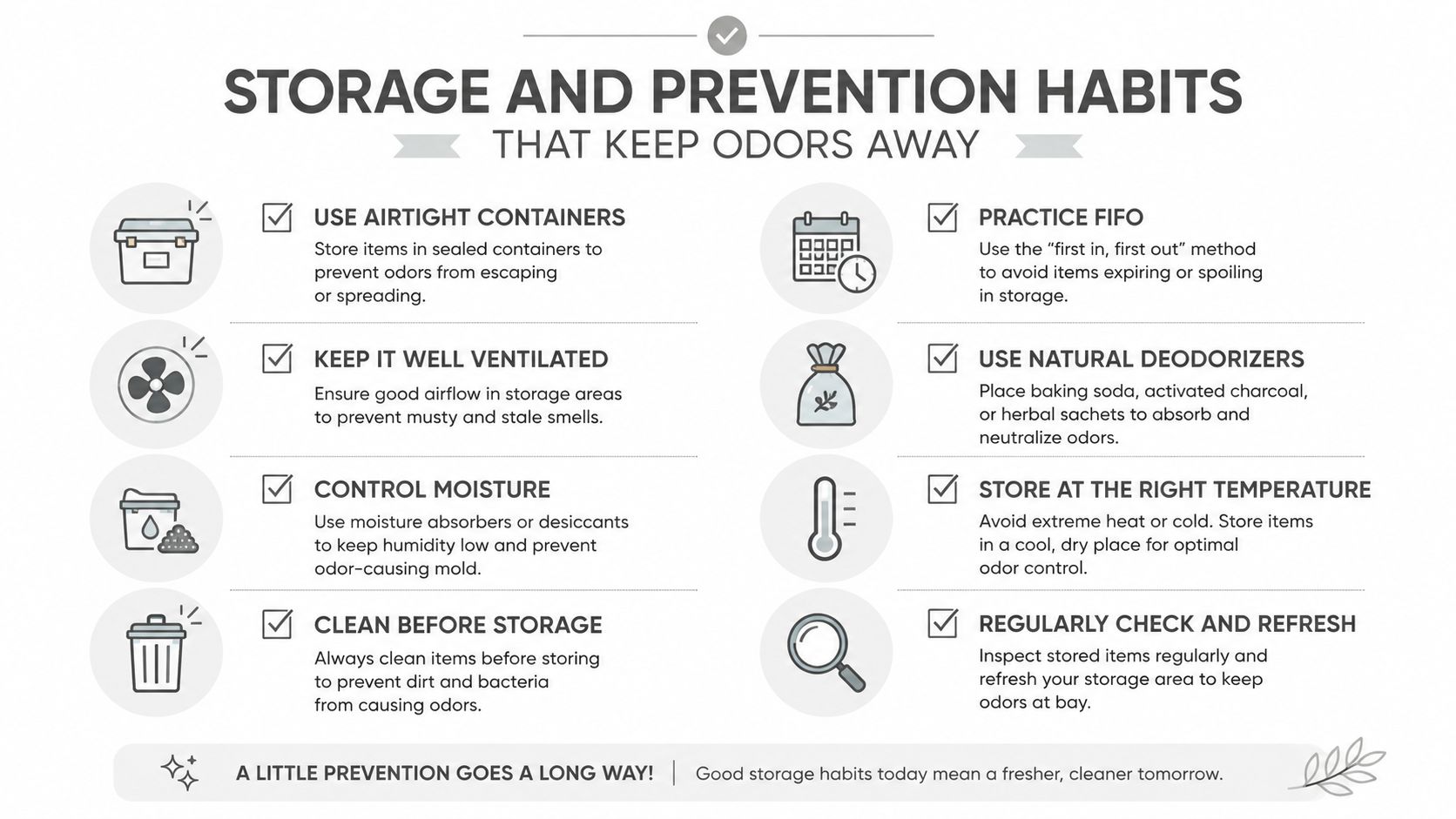 An infographic titled Storage and Prevention Habits displaying eight tips to prevent unpleasant odors in storage areas.
