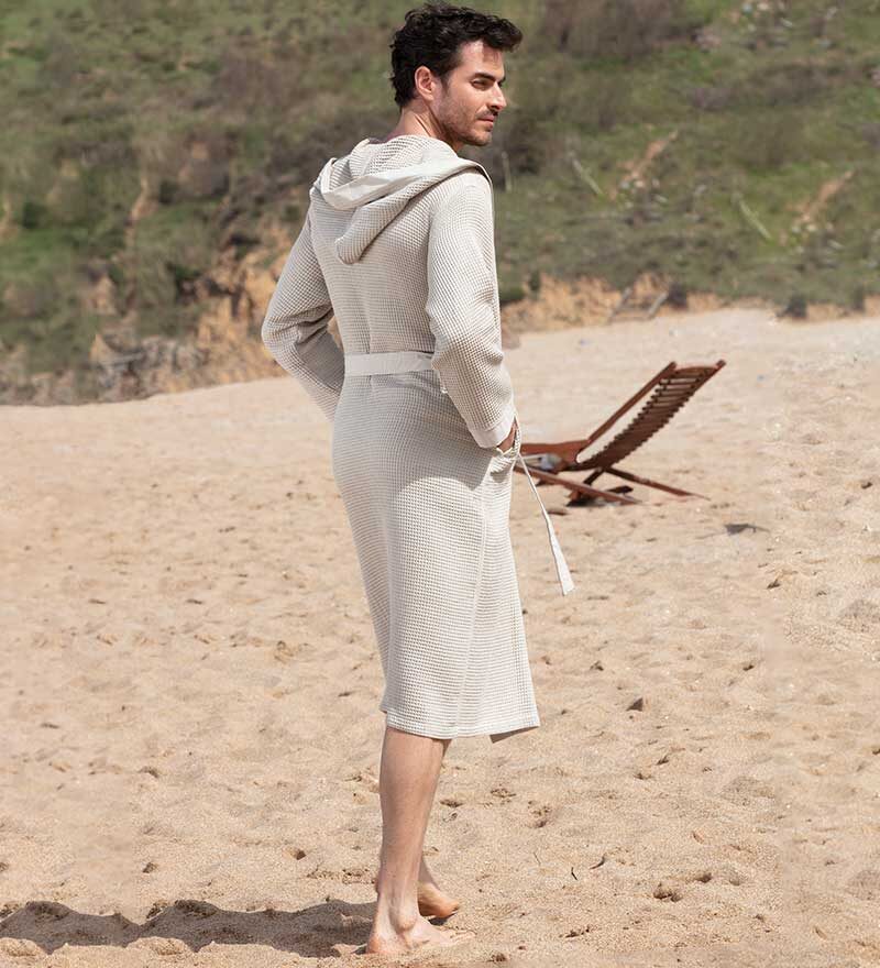 Men's Beige Hooded Turkish Cotton Waffle Robe